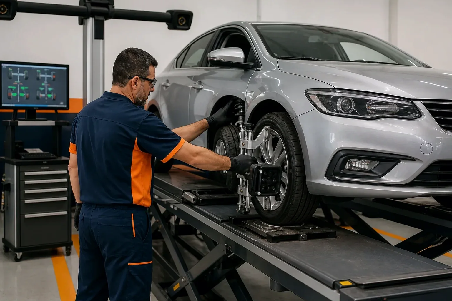 Mecânico ajustando alinhamento de rodas de um carro com equipamento apropriado.