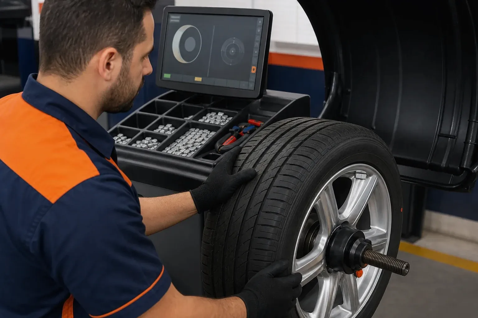 Mecânico ajustando balanceamento de rodas em carro com equipamento utilizado na borracharia.