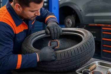 Mecânico realizando conserto de pneus usando ferramentas adequadas.