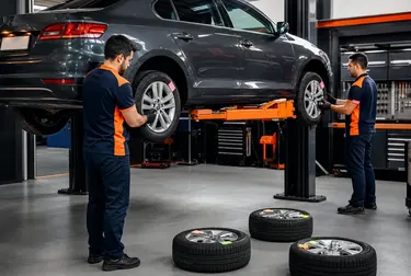 Mecânico realizando rodízio de pneus em carro, preparando os pneus para o serviço.