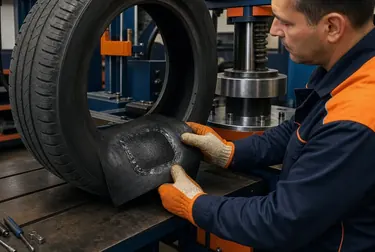 Mecânico trabalhando na vulcanização de pneus, utilizando equipamentos especializados.