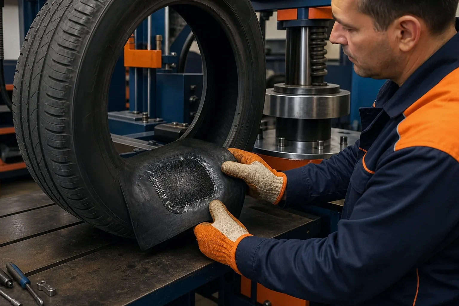 Mecânico trabalhando na vulcanização de pneus, utilizando equipamentos especializados.
