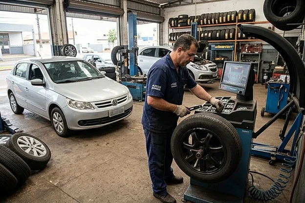 Mecânico utilizando equipamento de balanceamento de rodas para ajuste em Arapongas.