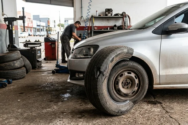 Pneus danificados em um carro, destacando as áreas que precisam de atenção.